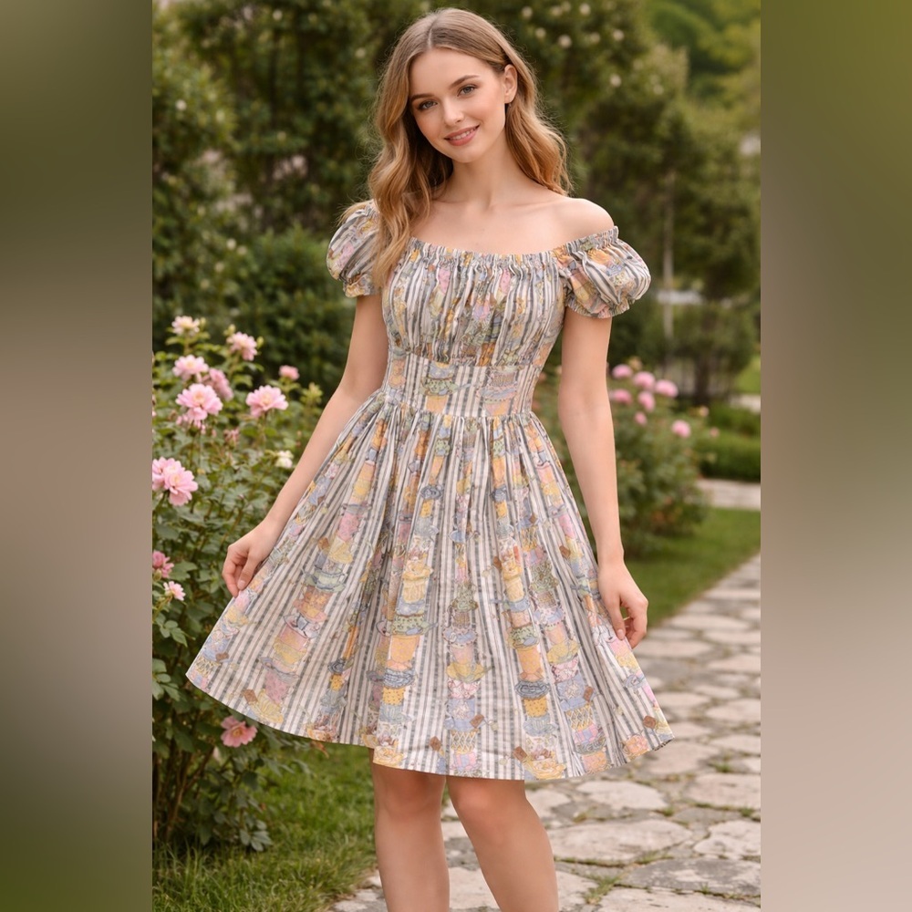 Hearts & Found teacup Alice wonderland spring vintage off shoulder full dress XL - Picture 2 of 6